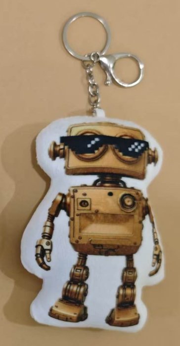 Factory sample of a plush robot keychain